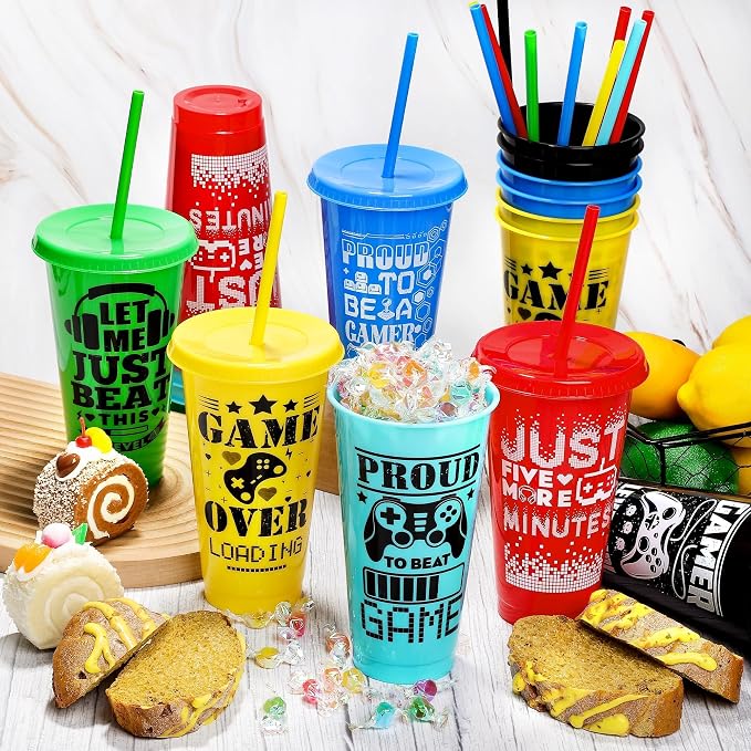 Kochorie 24 Pieces Video Game Plastic Cups 24 Ounces Gaming Party Cups with Lids and Straws Mixed Colors Video Game Tumbler Cups for Birthday Party Video Game Party Supplies Tableware