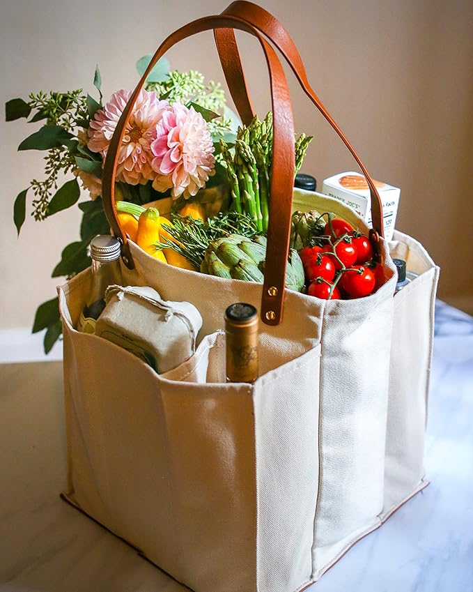 CapaBunga Farmer's Market Tote Shopping Bags with Handles - 7 Pocket Large Utility Tote Bag - Heavy Duty Canvas Utility Bag with Vegan Leather Base - Reusable Tote Bag - Natural Grocery Bag