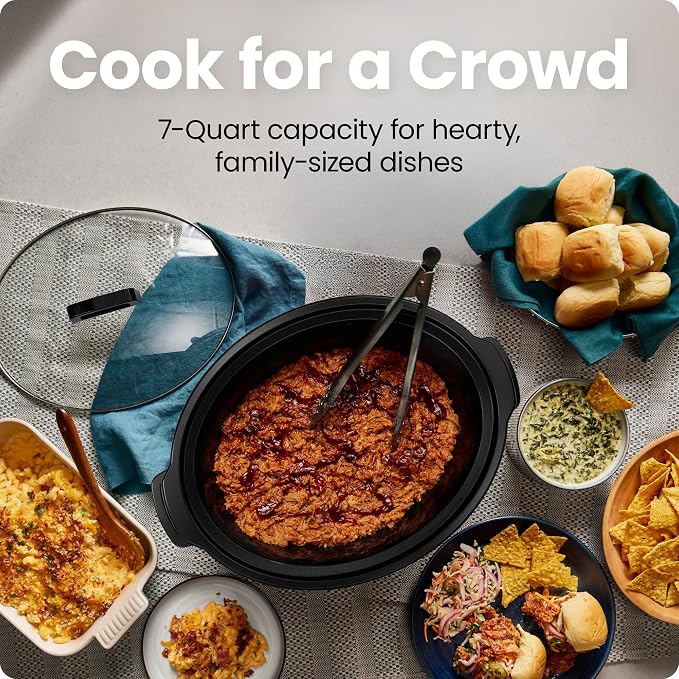 Chefman Slow Cooker 7 Quart, Large Family Size Slow Cooker with Low, High & Warm Settings, Removable Ceramic Crock, Tempered Glass Lid, Dishwasher-Safe for Easy Cleanup, Stainless Steel