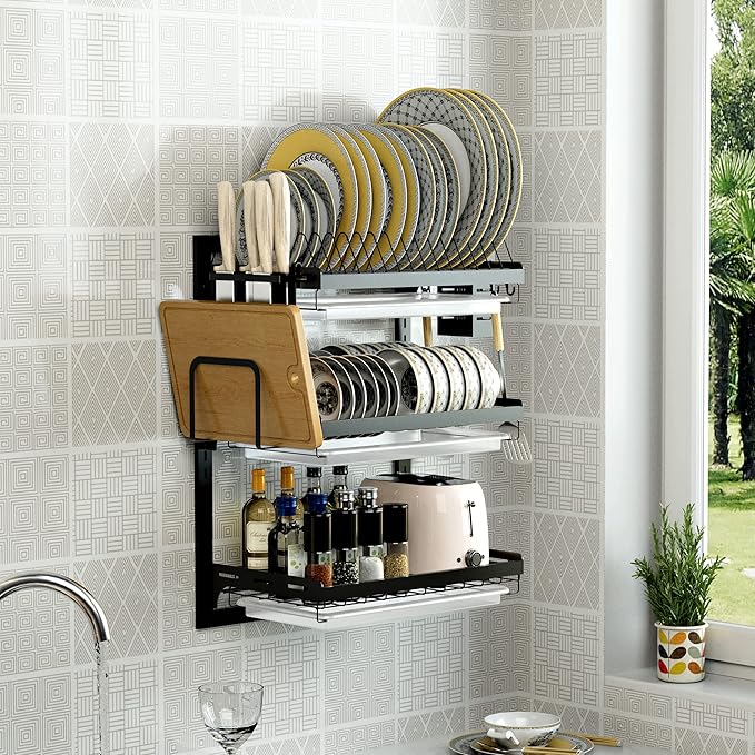 3 Tier Large Wall Mounted Dish Drainer, Stainless Steel Dish Rack, Dish Drying Rack for Kitchen with Utensil Organizer (Black)