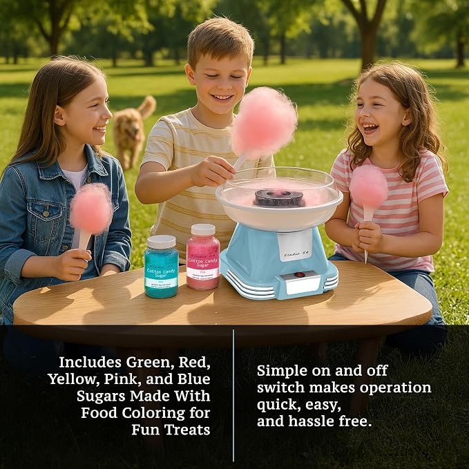 Retro Cotton Candy Machine with 5 Jars (11oz Each) Floss Sugar, 50 Paper Cones, Easy Cleanup Cotton Candy Maker, Durable Retro Design, Makes 20–30 Servings per Jar, BPA & Lead Free