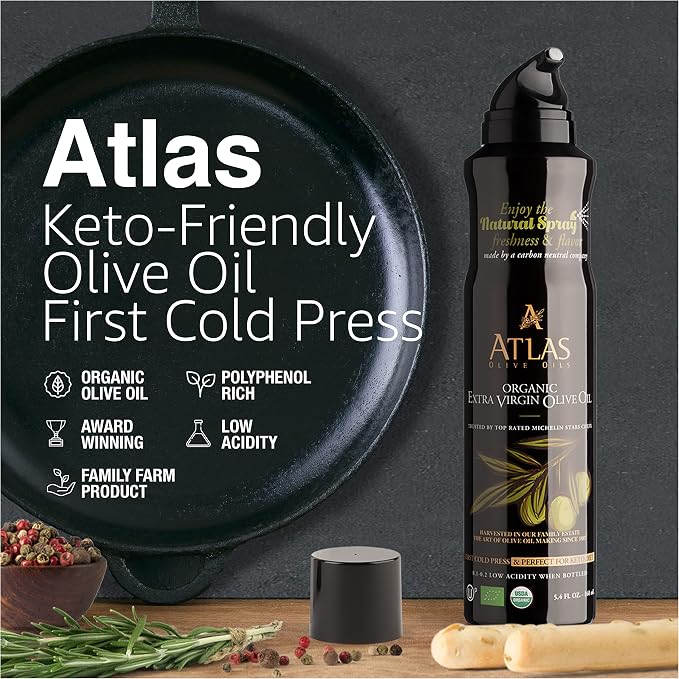 Olive Oil Spray by Atlas, Dual Function Olive Oil Cooking Spray and Stream, 5.4 fl oz, Extra Virgin, Non Stick, Cold Pressed, Polyphenol Rich, Organic Moroccan EVOO, Hydroxytyrosol, Keto