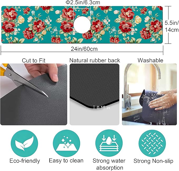 Kitchen Sink Splash Guard Faucet Mat Super Absorbent Fast Drying Mat Sink Gadgets Splash Guard Behind Faucet Drip Catcher for Kitchen (Boho Flowers, 23.5x5.5in)