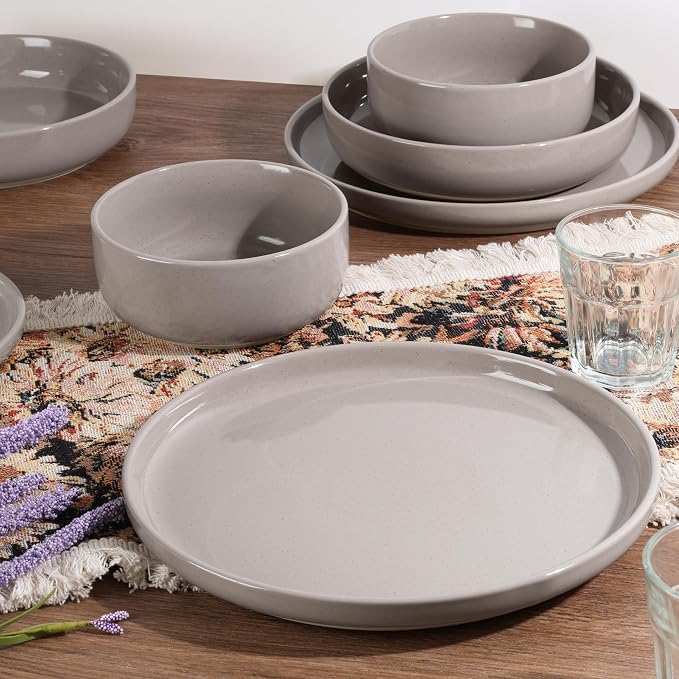 HaWare 8-Piece Plates and Bowls Set for 2, Stoneware Dinnerware Sets with Pasta Bowl, Dishes Set for Home Restaurant, Speckled Cream Coffee