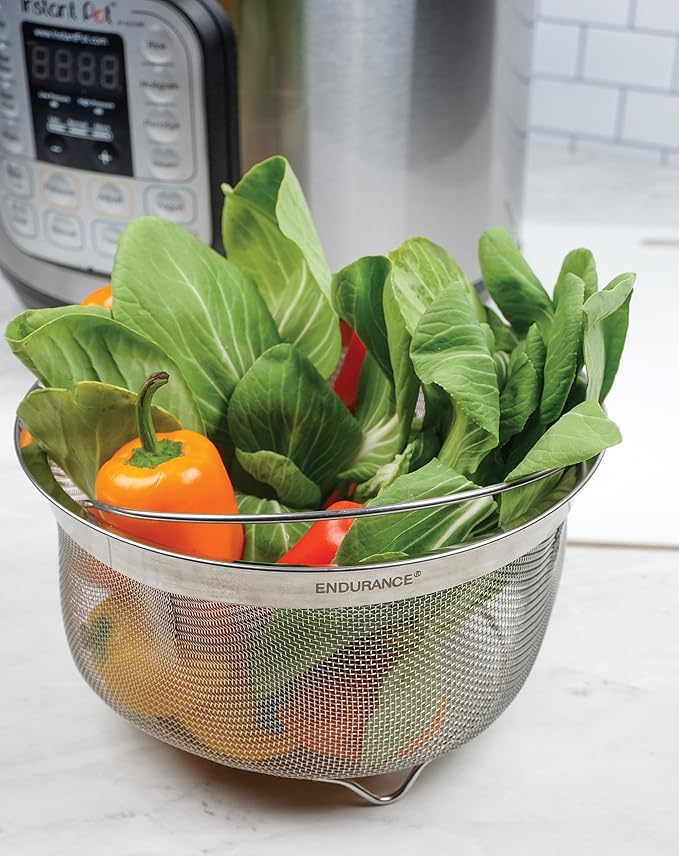 RSVP International Mesh Colander Strainer Basket with Folding Handles, 3 Quarts | For Pasta, Frying, & Salads | Dishwasher Safe | Use in Pressure Cookers | Steaming, Draining & Rinsing