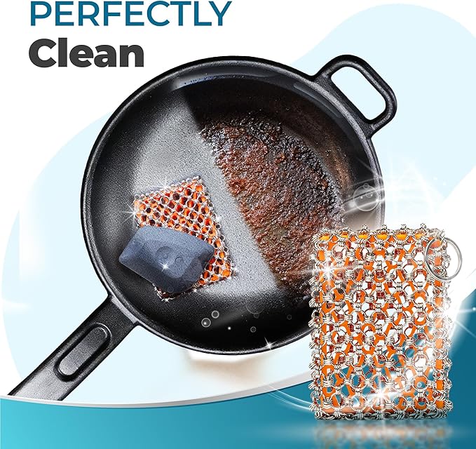 Cast Iron Care Bundle: 316 Stainless Steel 𝐓𝐫𝐢𝐩𝐥𝐞 𝐑𝐢𝐧𝐠 𝐂𝐡𝐚𝐢𝐧𝐦𝐚𝐢𝐥 Scrubber (Orange) & Extra Thick Leather Handle Cover (𝐌𝐚𝐝𝐞 𝐢𝐧 𝐆𝐞𝐨𝐫𝐠𝐢𝐚) – Perfect for Pan