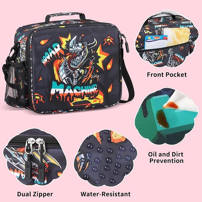 rockpapa Kids Lunch Box Set with 14oz Insulated Water Bottle & Lunch Bag, Leakproof 5.5 Cups Bento Box for School & Children, BPA-Free, Microwave Safe for Boys Girls (Black Dinosaur)