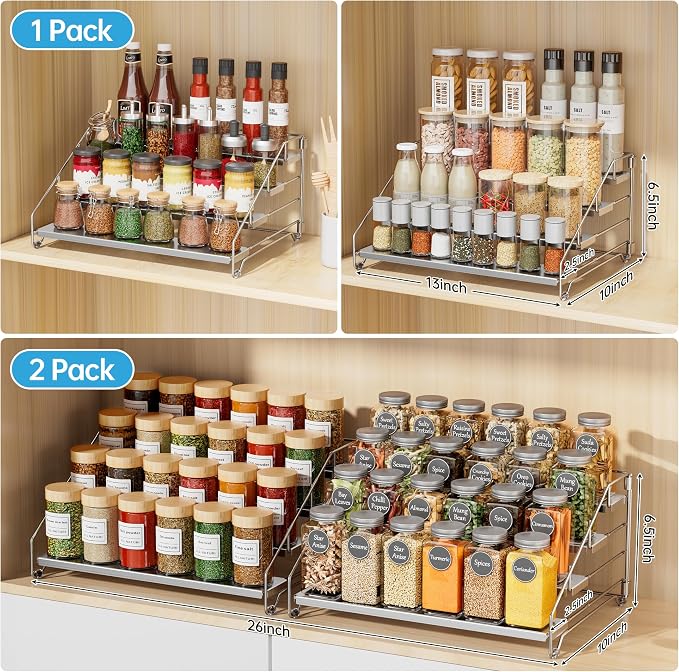 BOIVSHI Heavy Duty Spice Rack for Cabinet, Space Saving 4 Tier Spice Organization for Cabinet, Adjustable Depth Spice Shelf for Cabinet, Counter, Pantry - Chrome, 2 Pack