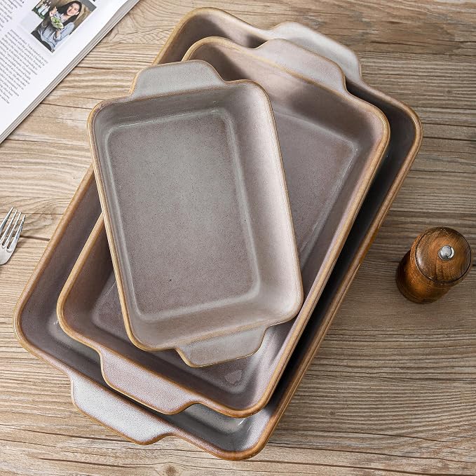 HVH 9x13 Baking Dish Set, Large Casserole Dishes for Oven, Ceramic Bakeware Set of 3, Rectangular Lasagne Pan Deep for Baking (Sand Color)