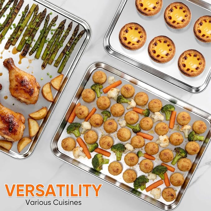 LIANYU Baking Sheet Pans Set of 3, Stainless Steel Cookie Sheets for Baking, 17.5/16/12.4 Inch, Half/Quarter/Jelly Roll Pans for Oven, Mirror Finish Metal Tray, Heavy Duty & Rust Resistant