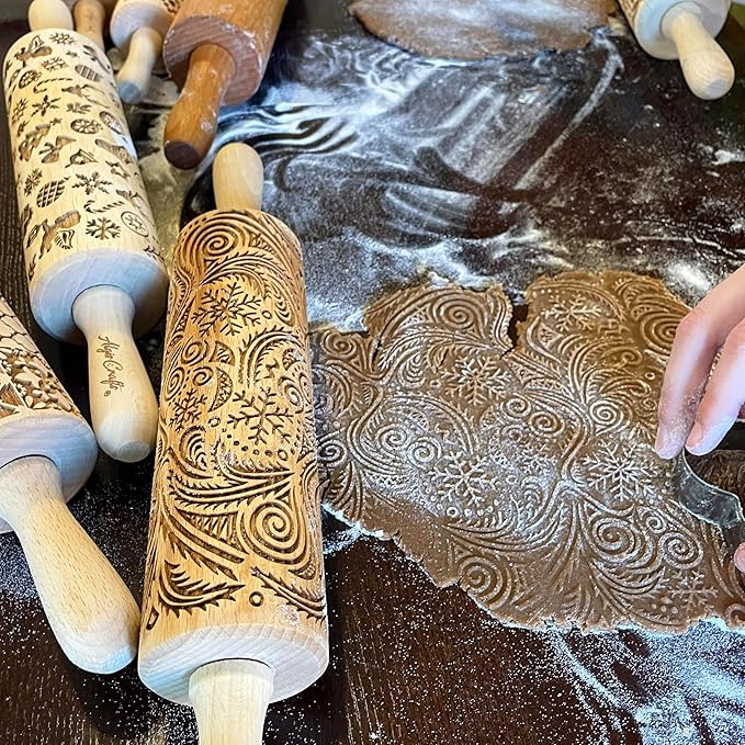 FOLKSY FLOWERS Embossing Rolling Pin. Laser Engraved Dough Roller with Folk Pattern for Embossed Cookies and Pottery by Algis Crafts