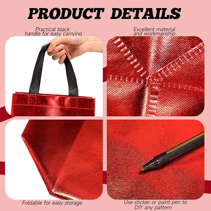 Eccliy Reusable Gift Bags Set Glossy Grocery Gift Tote Bag with Handle for Wedding, Bridal Shower, 4th of July, Summer Event(10 x 8 x 4.7 Inch,Red with Black Handles,80 Pcs)