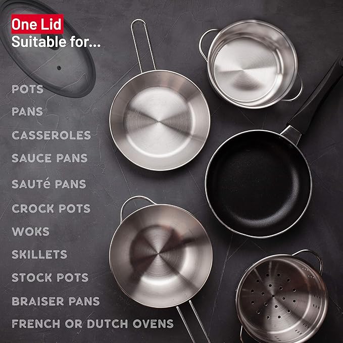 Bezrat Universal Lids for Pots, Pans and Skillets - 2-Pack Heat-Resistant Covers Tempered Glass with Silicone Rim - Fits 10”, 11”, 12” Cookware - Kitchen Covers, Dishwasher Safe (Single, 10",11",12")