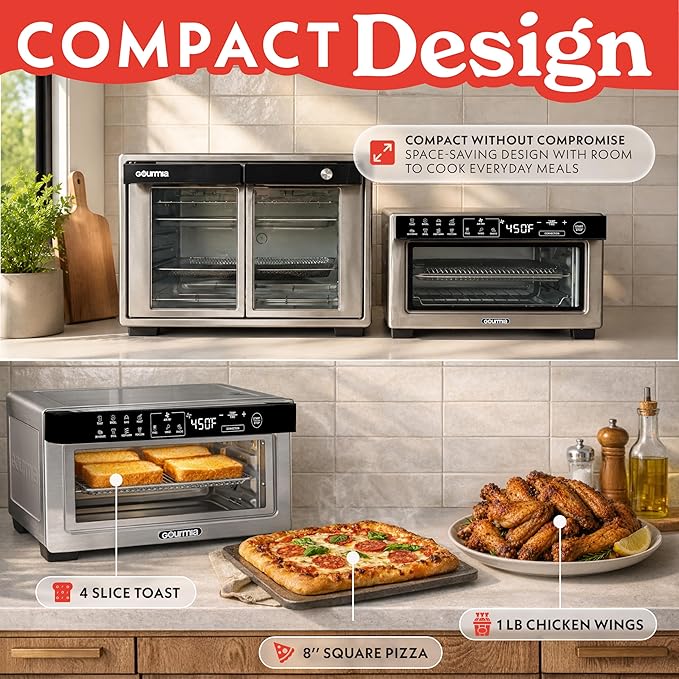 Gourmia Toaster Oven Digital Air Fryer - Convection Mode with 4 Slice Capacity, 3 Rack Positions, 12 Presets, Toast, Bagel, Bake, Roast, Broil, Dehydrate, Popcorn, Fits 9" Pizza, Stainless Steel