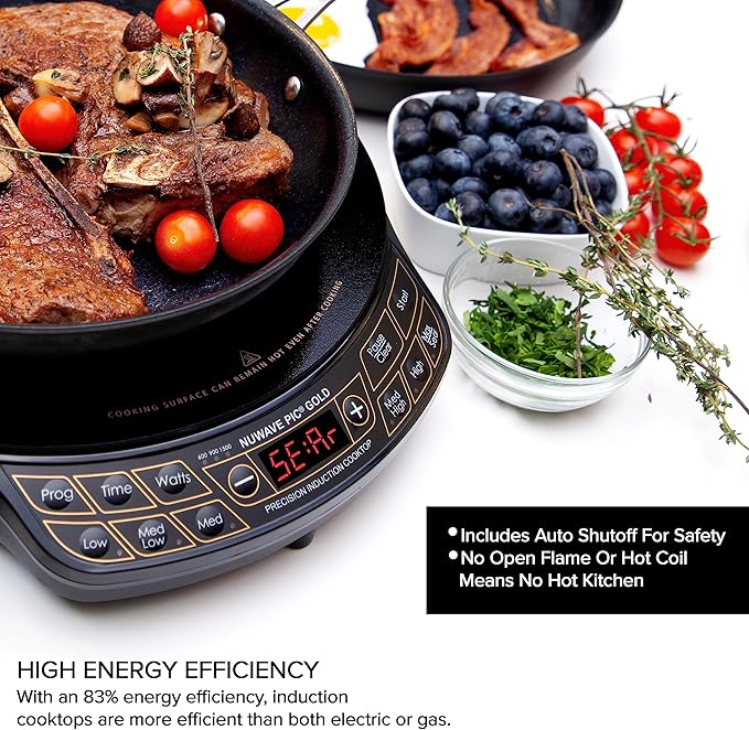 Nuwave Precision Induction Cooktop Gold, 12” Shatter-Resistant Ceramic Glass Surface, Large 8” Heating Coil, Portable, 96 Temp Settings 100°F to 575°F, 3 Wattage Settings 700, 900, and 1500 Watts