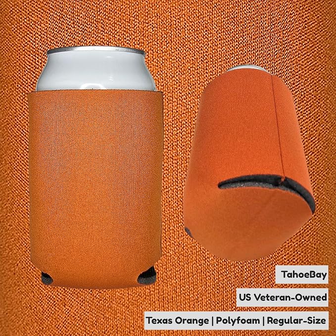 TahoeBay Bulk Blank Beer Can Cooler Sleeves (50-Pack) Sublimation Blanks for Vinyl Plain Soft Foam Can Sleeves Coolers for Soda Cans & Bottles Black, White, Assorted Solid Color (Texas Orange)