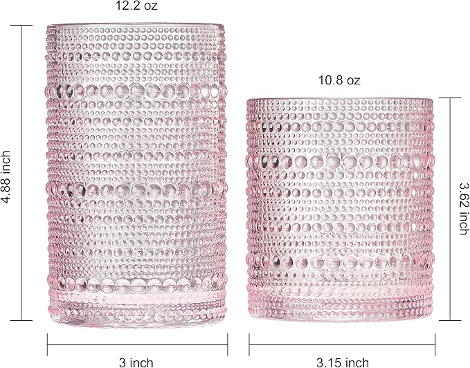 Khen Hobnail Beaded Highball Drinking Tumbler Glasses | Set of 12 | Pink Blush Color, Vintage Bubble Design Whiskey Glassware, Old-Fashioned, Embossed Design for Water, Wine, Cocktail, Rocks Glass