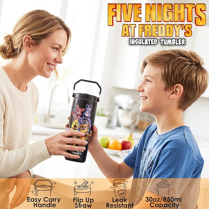 Get Trend Five Nights at Freddy’s 30oz Tumbler with Handle and Straw, Stainless Steel Insulated Water Bottle, BPA-Free, Leak-Proof, Cold for 12h, Hot 5h, Gifts for Men, Teens (Black FNAF)