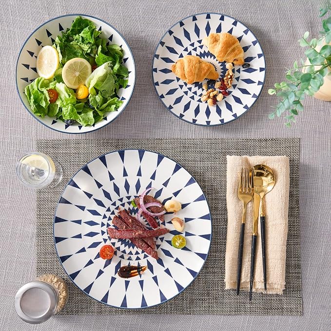 Bestone Ceramic 12-Pieces Dinnerware Sets, Ceramic Dish Plates and Bowls Sets, Dishes Set for 4, Dinner Salad Dessert Plates, and Cereal Bowls Set, Gift,Vintage Blue