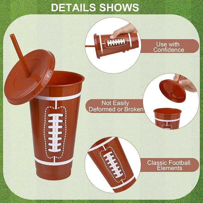 Kochorie 18 Pcs 24 oz Football Party Cups with Lids and Straws Reusable Plastic Tumbler Travel Mug Cups for Kids Coach Men Women Football Favors Tailgate Party Sports Game Time Supplies Decorations