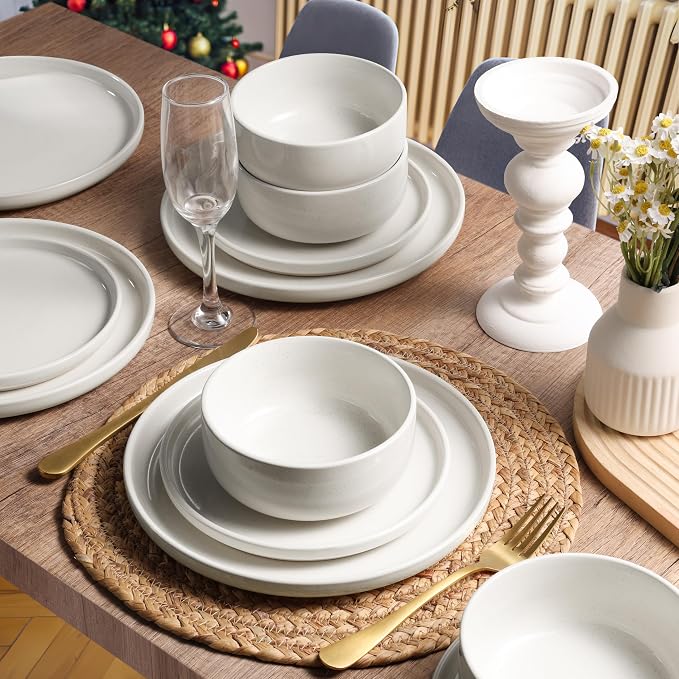 HaWare Stoneware Dinnerware Sets, 6-Piece Plates and Bowls Set for 2, Dishes Set for Home Restaurant, Speckled Milky White
