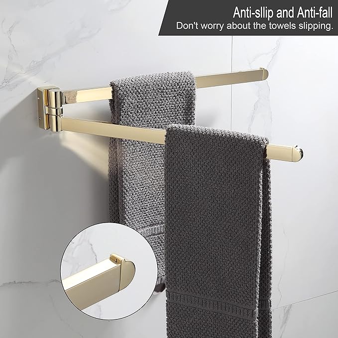 BGL Swivel Towel Bar Brushed Gold,Two Arms Wall Mount Towel Hanger Holder for Bathroom Organizer