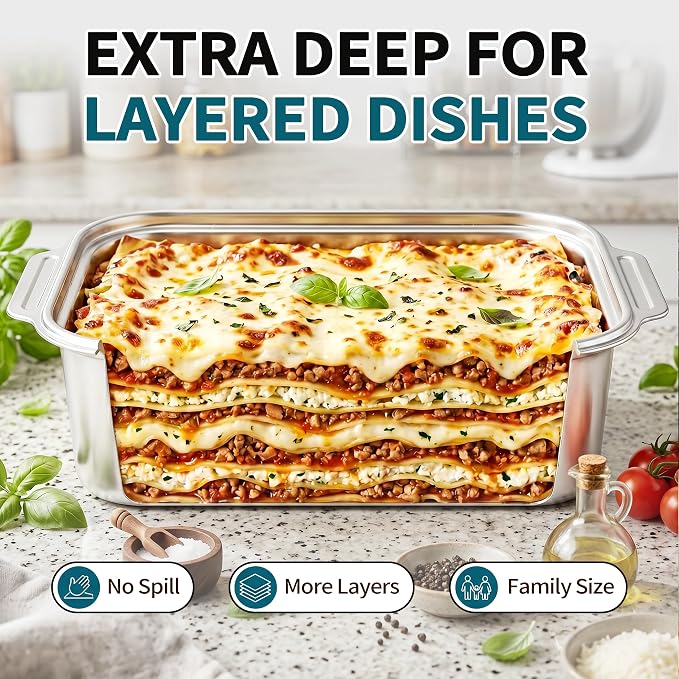 Extra Deep Stainless Steel Lasagna Pan with Wide Handles & Lid, 16.5 x 10 x 4 Inch, 6.3 QT Large Casserole Baking Dish, Oven Safe Heavy Duty Baking & Roasting Pan for Meal Prep & Storage