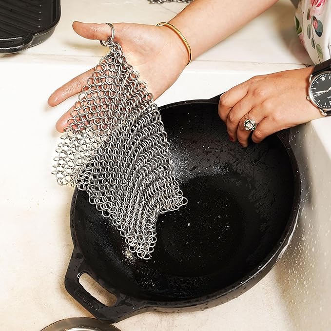 Mythrojan Cast Iron Scrubber 316L Stainless Steel 4 Pack Skillet Cleaner Chainmail Scrubber Scraper for Cast iron Pre-Seasoned Pans, BBQ Grills, Pot Cookware Cleaning