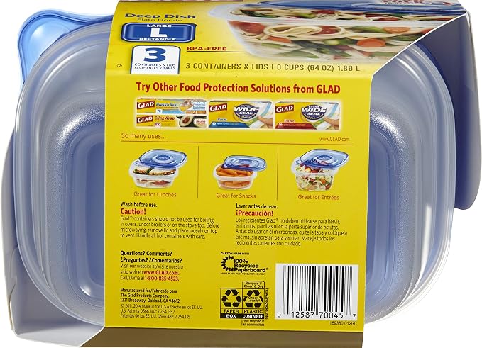 Glad GladWare Deep Dish Food Storage Containers Lids Large Rectangle BPA Free Meal Prep Microwave Dishwasher Safe Lock Tight Seal 64 OZ 3 Count 6 Pack