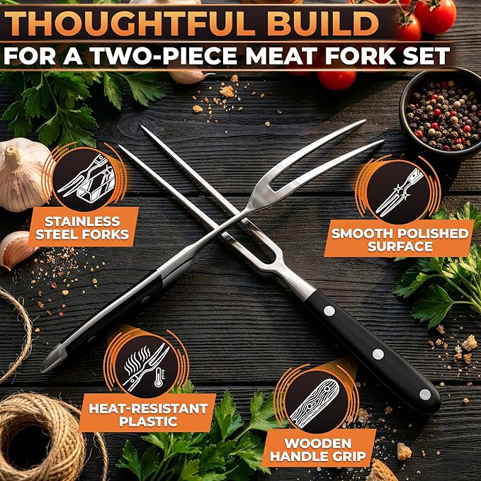 2 Pcs Carving Fork for Meat – 12 Inch Stainless Steel Meat Forks for Kitchen, Heat-Resistant Non-Slip Handles – Two-Prong Straight & Curved BBQ Fork for Slicing, Grilling & Serving