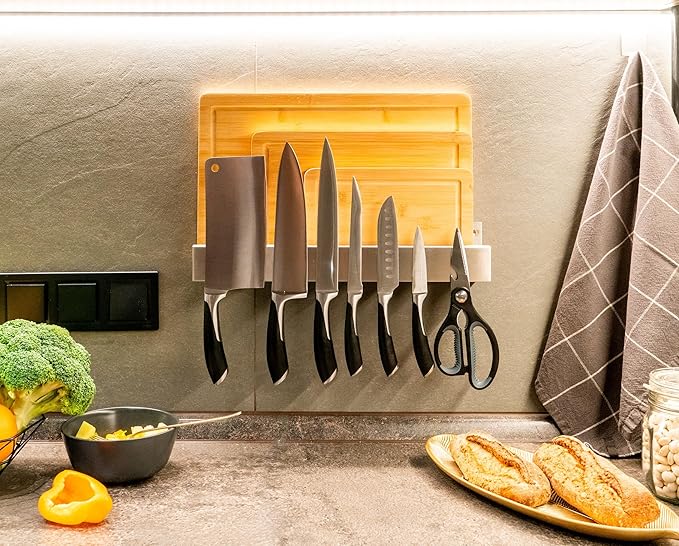 Demi's Home Knife Magnetic Strip & Cutting Board Holder for Wall or Fridge - 16 inch - (Supplies Not Included) - Magnetic Cutting Board & Knife Holder for Fridge or Wall