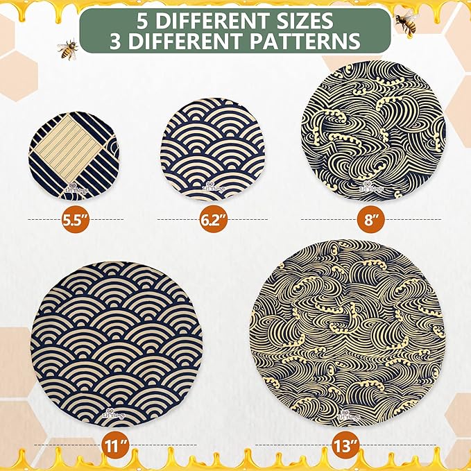 Beeswax Bowl Covers Set of 5 (XS–XL) – Reusable Elastic Food Covers for Bowls – Organic Cotton with Beeswax, Washable & Plastic-Free | Li’l Things – Japanese Waves