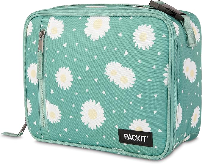 PackIt(R) Freezable Classic Lunch Box, Daisy Sage, Built with EcoFreeze(R) Technology, Collapsible, Reusable, Zip Closure With Zip Front Pocket and Buckle Handle, Designed for Fresh Lunch On the Go