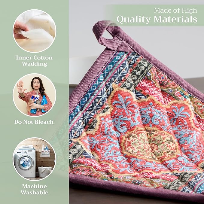 Maison d' Hermine Pot Holders 100% Cotton Heat Resistant Potholders 8" x 8" Hot Pads with Loop for Thanksgiving Christmas Decorations BBQ Cooking Baking Handling Hot Pans (Pack of 1, Ispahan)