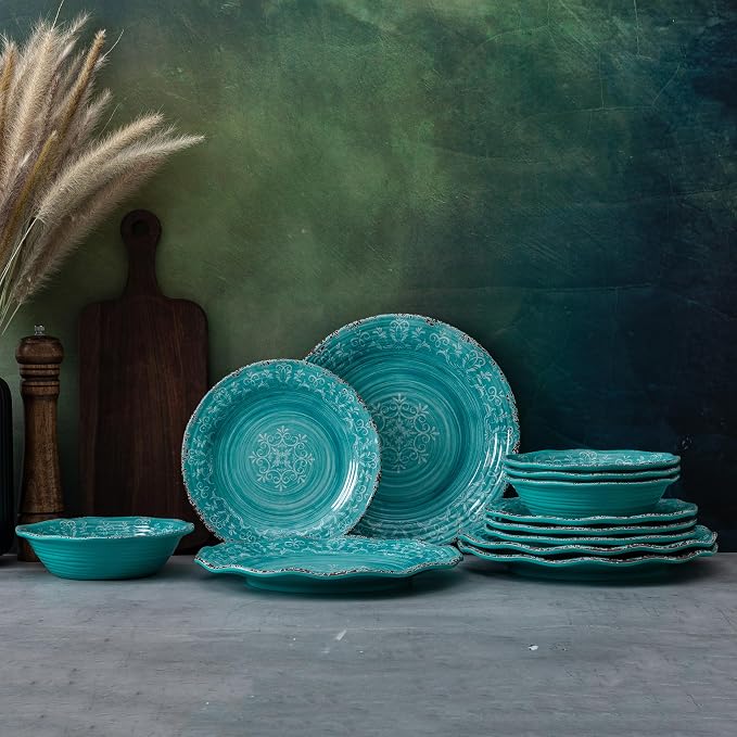 LEHAHA Luxury Thicker but lightweight 100% melamine dinnerware set, set of 4, Unbreakable Farmhouse plates and bowl dishes set, Elegant Scalloped rim dinner serving plate sets. Dishwasher Safe, Teal
