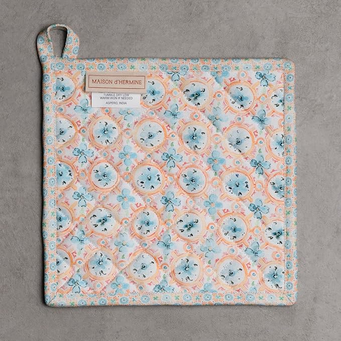 Maison d' Hermine Pot Holders 100% Cotton Heat Resistant Potholders 8" x 8" Hot Pads with Loop BBQ Cooking Baking Gifts for Mothers Day Handling Hot Pans Spring/Summer (Pack of 2, Summer Whisper)