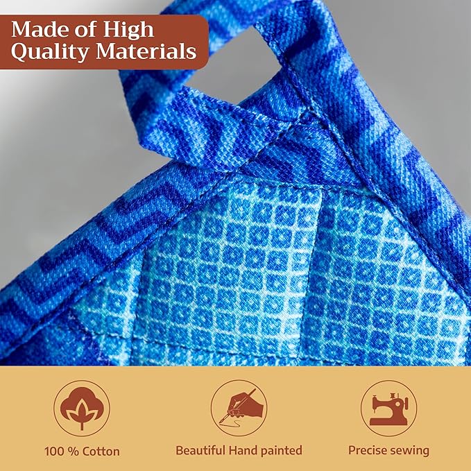 Maison d' Hermine Pot Holders 100% Cotton Heat Resistant Potholders 8" x 8" Hot Pads with Loop BBQ Cooking Baking Gifts for Mothers Day Handling Hot Pans Spring/Summer (Pack of 2, Indigo Love)