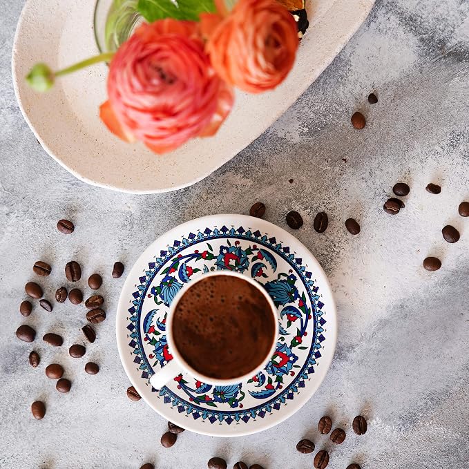 Turkish Coffee Cup Set of 6 with Saucers & Holder – Ceramic, Dishwasher-Safe, Keeps Warm – Patterned Turkish Espresso Cups Set for Home & Office (Set Of 6)
