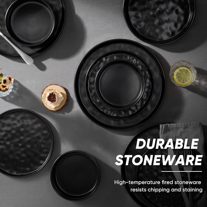 E-far 16-Piece Black Plates and Bowls Sets with Pasta Bowls - Stoneware Dinnerware Set for 4, Modern Ribbed Matte Black Kitchen Dishes, Microwave & Dishwasher Safe