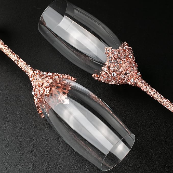Champagne Flutes - Crystal Glass Metal Base With Crystal Stones, Set of 2 Toasting Flute Pair, Wedding Anniversary Party Birthday Banquets and Gifts for Bride and Groom (Rose Gold)