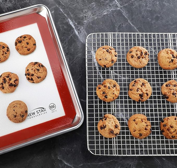 New Star Foodservice 1028751 Commercial-Grade Bun Pan/Baking Sheet, Baking Mat, Cooling Rack Combo, 1/4 and 1/2 Sizes Each