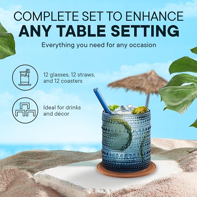 12 Oz Hobnail Drinking Glasses, Cornflower Blue, Set of 12 | Vintage Embossed Glassware, Textured Tumblers, Includes Straws and Coasters