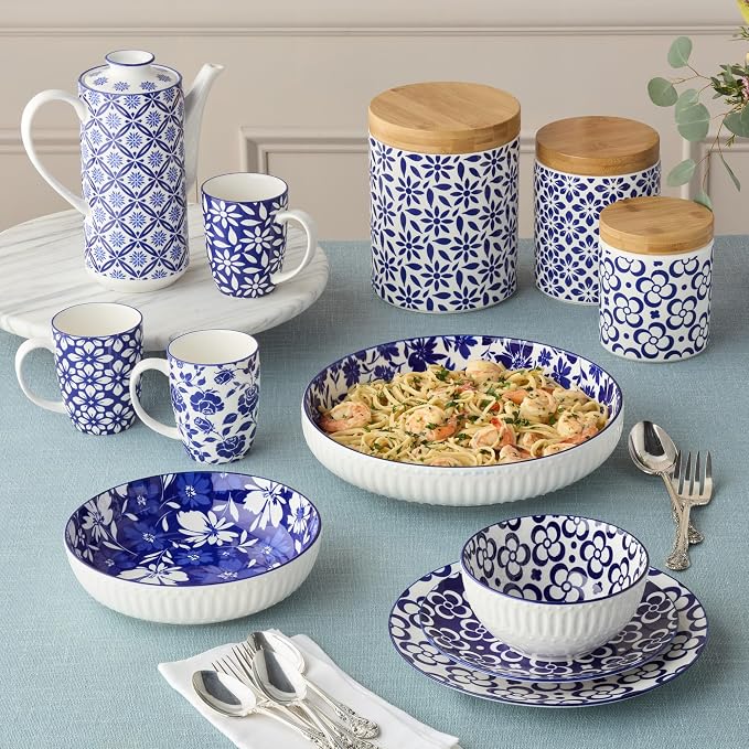 Madison 6-Piece Espresso Cup & Saucer Set, 3.25 oz Porcelain Cups with 4.75-Inch Saucers, Intricate Blue & White Patterns, Durable & Dishwasher Safe, Perfect for Espresso & Giftable Elegance