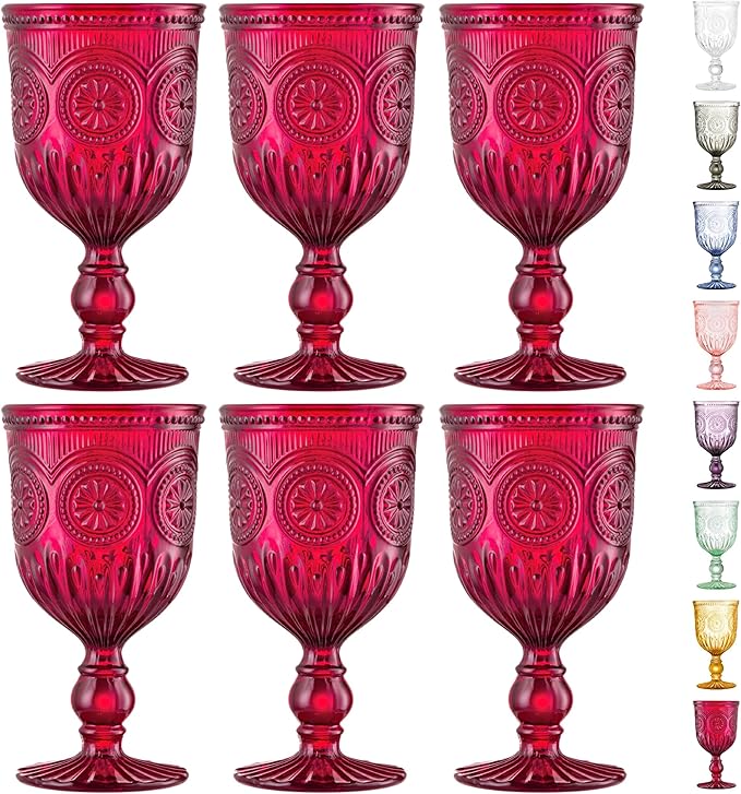 Red Goblets, Set of 6 Hand Crafted Red Colored Wine Glasses for lovers of red glassware, perfect for Valentines Day or Christmas Wine Glasses