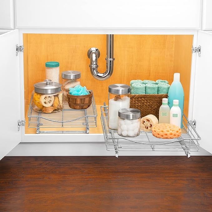 LYNK PROFESSIONAL® Pull Out Cabinet Organizer, 14" x 18" Slide Out Cabinet Organizer Pull Out Drawer – Pull Out Shelves for Kitchen Cabinets – Under Sink Organizers - Lifetime Ltd. Warranty, Chrome