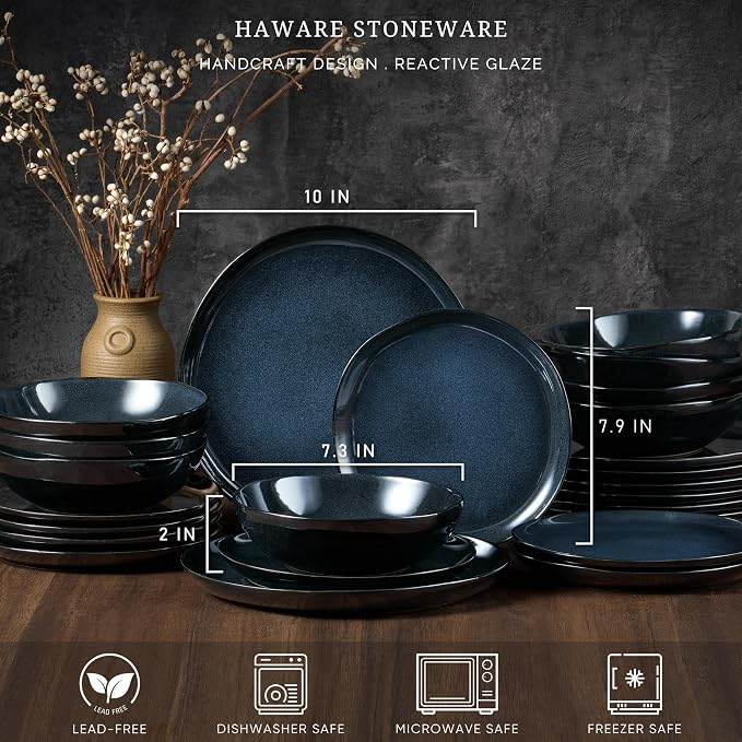 HaWare Plates and Bowls Set, Stoneware Dinnerware Sets, 18-Piece Hand-painted Dishware for 6, Ceramic Dinner Set for Home Kitchen, Microwave and Dishwasher Safe, Reactive Starry Blue