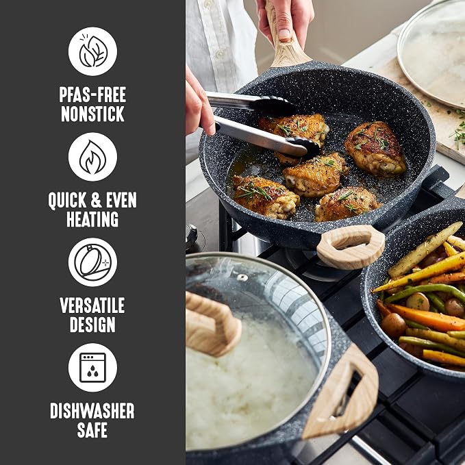 GreenLife 8 Piece Ceramic Nonstick Cookware Set, Induction Suitable Non Toxic PFAS-Free Pots & Pans, Dishwasher Safe, Cooking Set, Stock Pot, Saucepans & Frying Pans, Kitchen Cooking, Granite Black