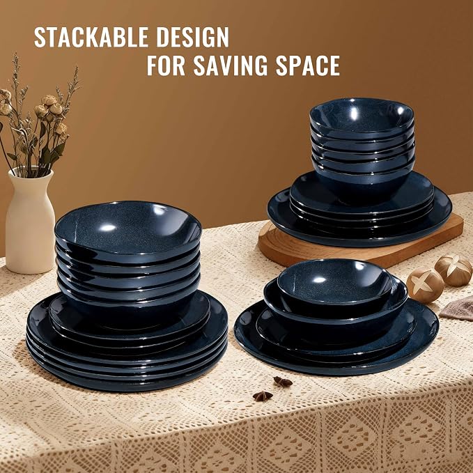 Herogo 24pcs Stoneware Dinnerware Sets for 8, Irregular Handmade Dinner Plates and Bowls, Kitchen Dining Dish Dishware Set, Microwave & Dishwasher Safe,Starry Blue
