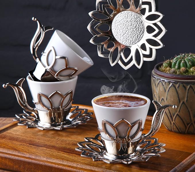 Alisveristime (Set of 6) Turkish Coffee Set with Porcelain Cups, Zamac Holders & Saucers – 80ml Capacity, Ottoman Motif, 4 Color Options (Silver)