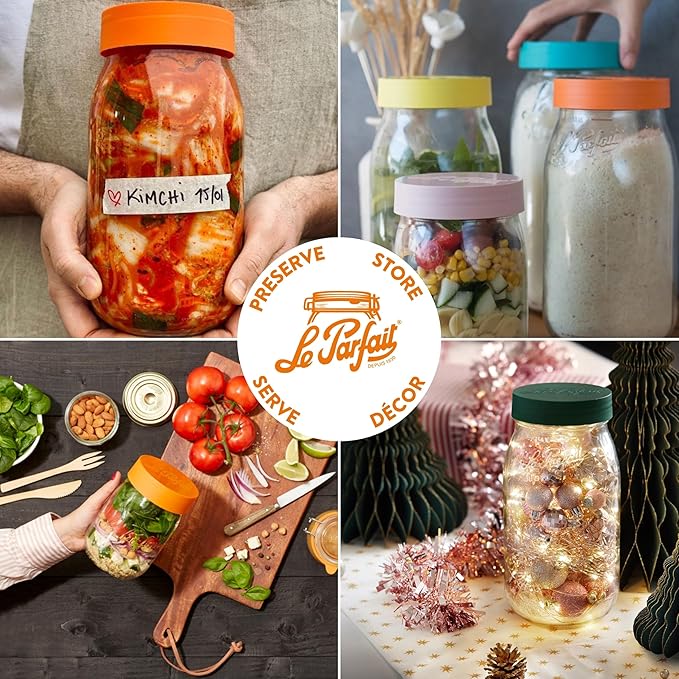 Le Parfait Eco-Friendly Zero Waste Wide Mouth Glass Jar with Airtight Screw Top Lid - Reusable French Storage Jar for Food, Soup, Flour, Sugar, Canning & Baking (3L/96oz, 3 Pack, Violet)